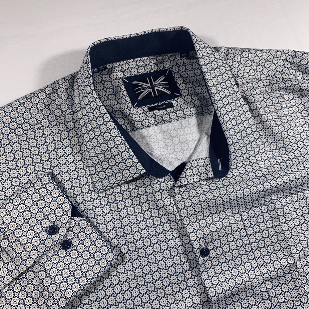 Soul of London Mens 3XL White Blue Geo Long Sleeve Button Up Flip Cuff Shirt
